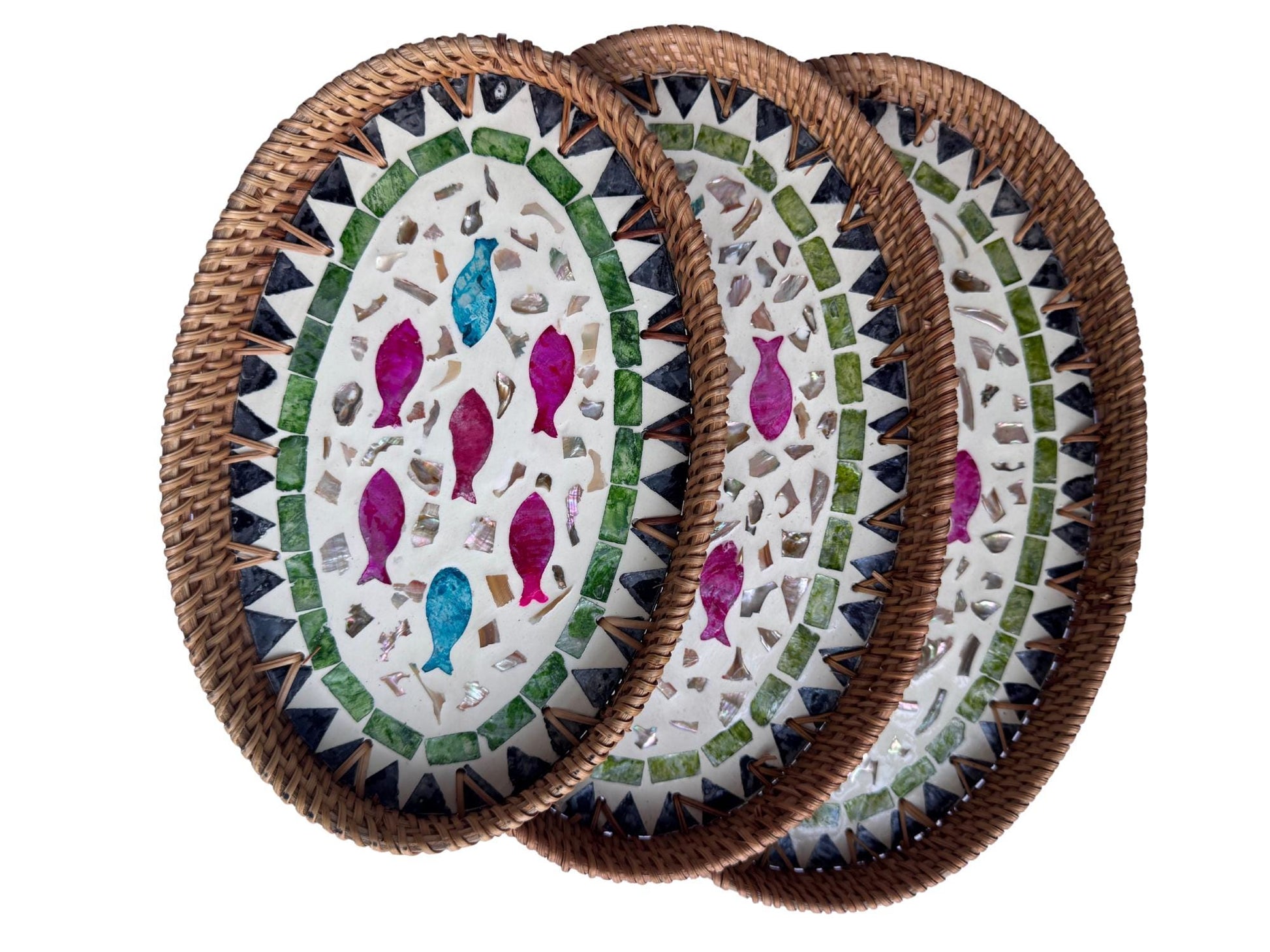 Oval Rattan Tray with Mother of Pearl Inlay - Boho Coffee Table, Ottoman Styling, Serving 118