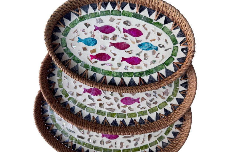 Oval Rattan Tray with Mother of Pearl Inlay - Boho Coffee Table, Ottoman Styling, Serving 118