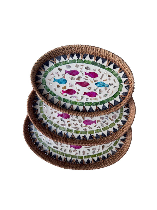 Oval Rattan Tray with Mother of Pearl Inlay - Boho Coffee Table, Ottoman Styling, Serving 118