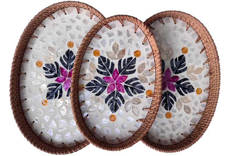 Oval Rattan Tray with Mother of Pearl Inlay - Boho Coffee Table, Handmade Vietnam 101
