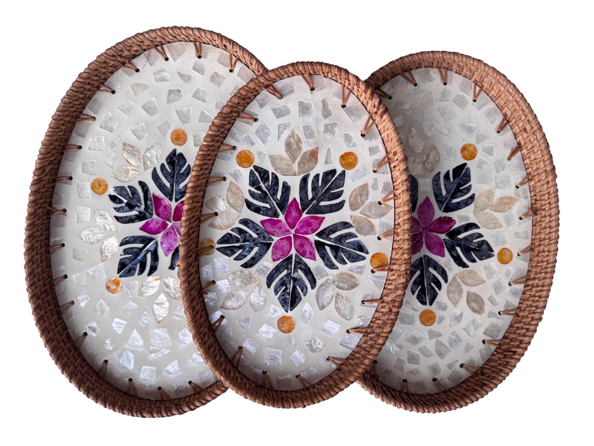 Oval Rattan Tray with Mother of Pearl Inlay - Boho Coffee Table, Handmade Vietnam 101
