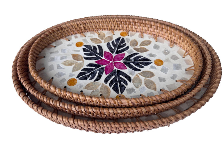 Oval Rattan Tray with Mother of Pearl Inlay - Boho Coffee Table, Handmade Vietnam 101