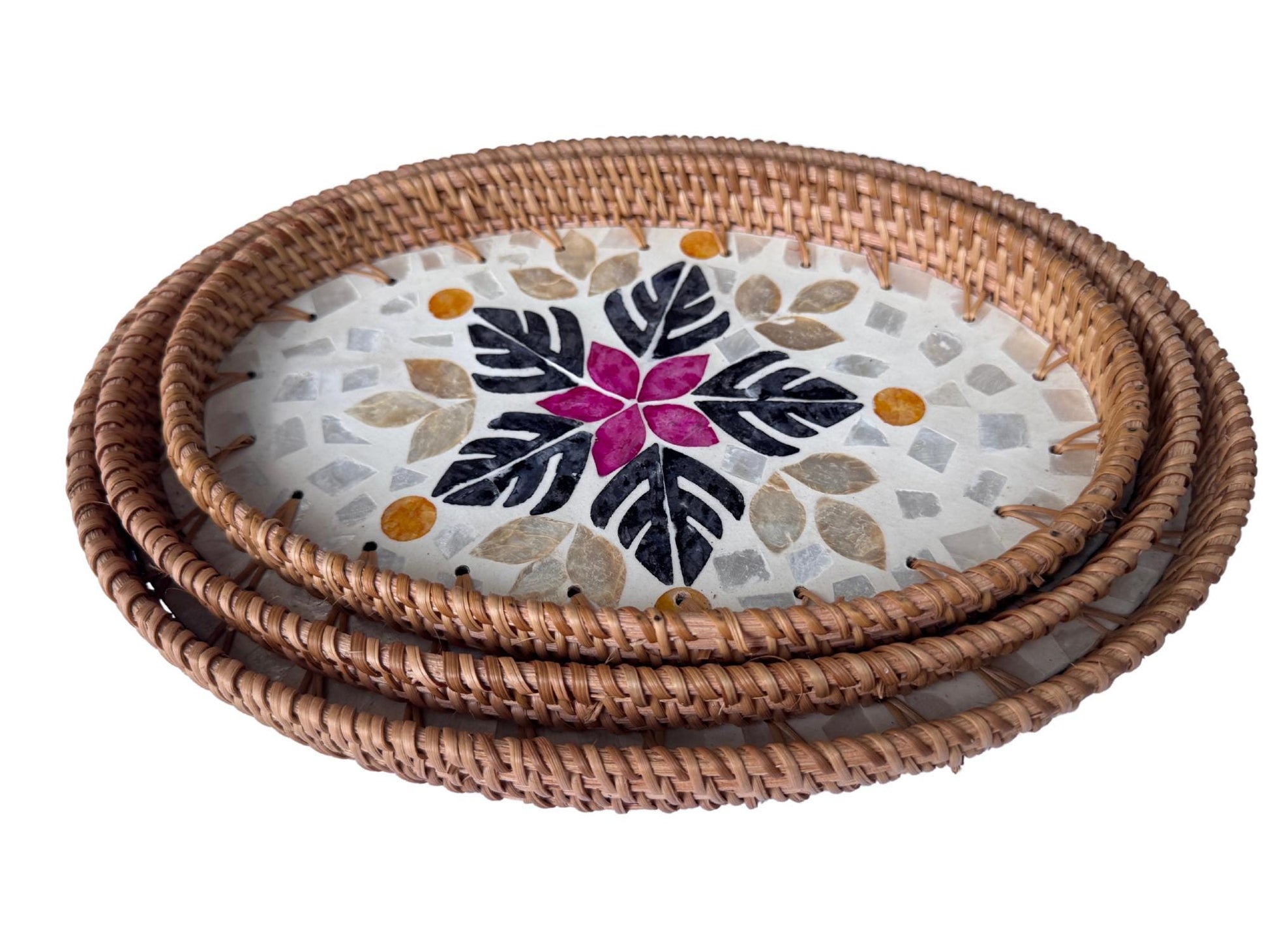 Oval Rattan Tray with Mother of Pearl Inlay - Boho Coffee Table, Handmade Vietnam 101