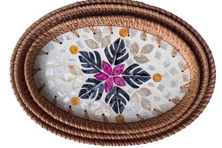 Oval Rattan Tray with Mother of Pearl Inlay - Boho Coffee Table, Handmade Vietnam 101