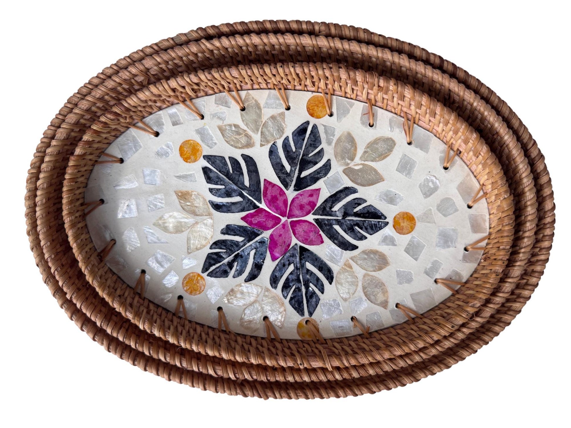 Oval Rattan Tray with Mother of Pearl Inlay - Boho Coffee Table, Handmade Vietnam 101