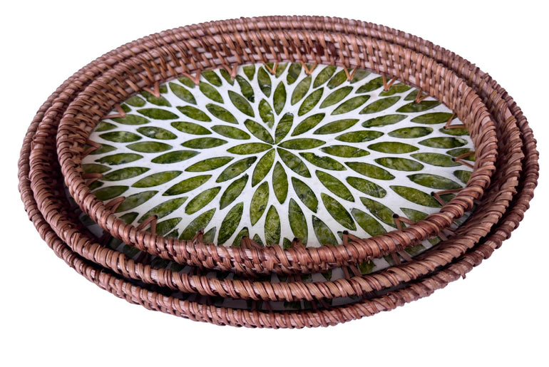 Oval Rattan Tray with Mother of Pearl Inlay - Boho Coffee Table Ottoman, Handmade Vietnam 117