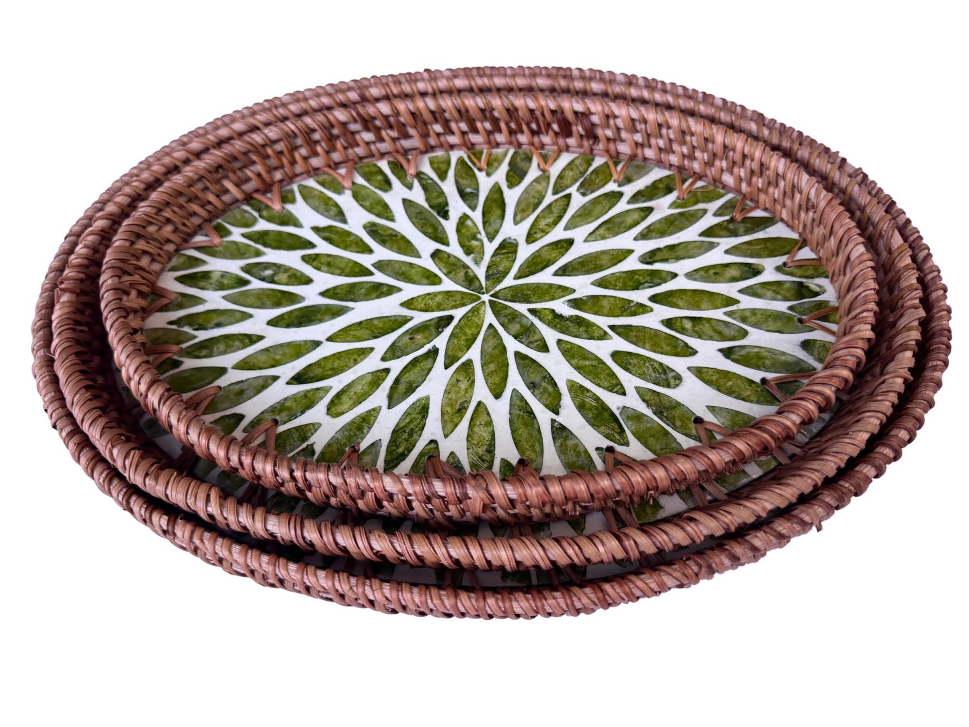 Oval Rattan Tray with Mother of Pearl Inlay - Boho Coffee Table Ottoman, Handmade Vietnam 117