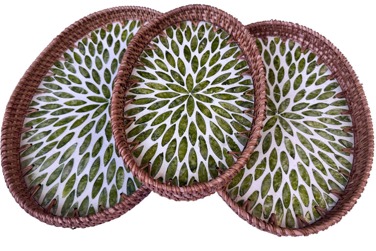 Oval Rattan Tray with Mother of Pearl Inlay - Boho Coffee Table Ottoman, Handmade Vietnam 117