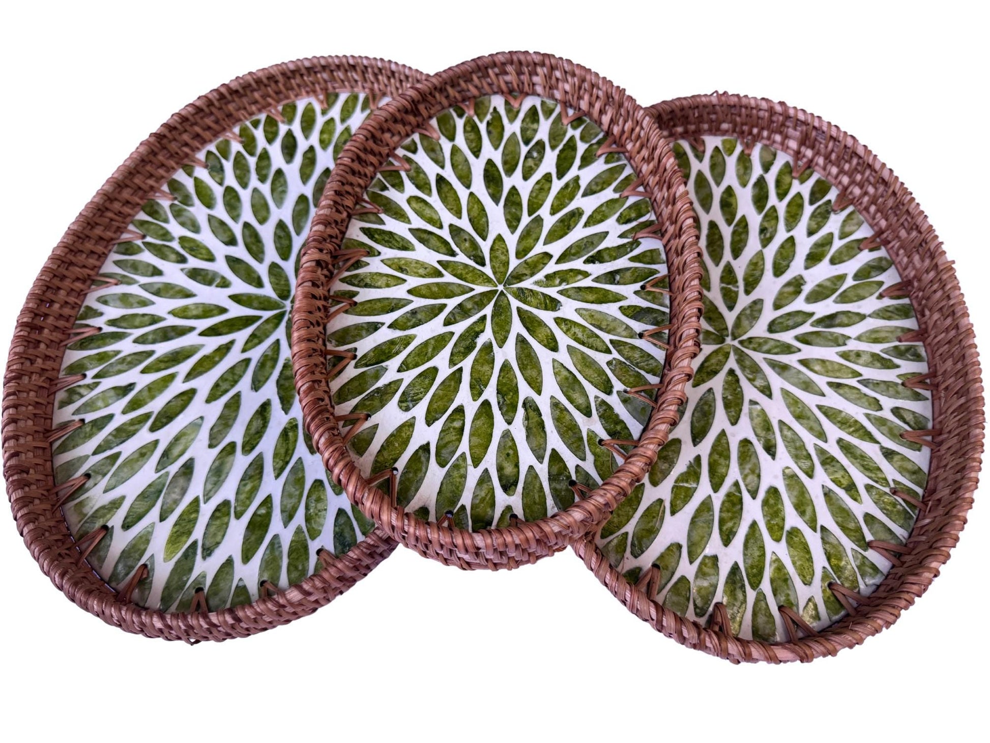 Oval Rattan Tray with Mother of Pearl Inlay - Boho Coffee Table Ottoman, Handmade Vietnam 117
