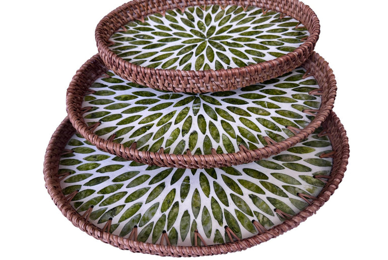 Oval Rattan Tray with Mother of Pearl Inlay - Boho Coffee Table Ottoman, Handmade Vietnam 117