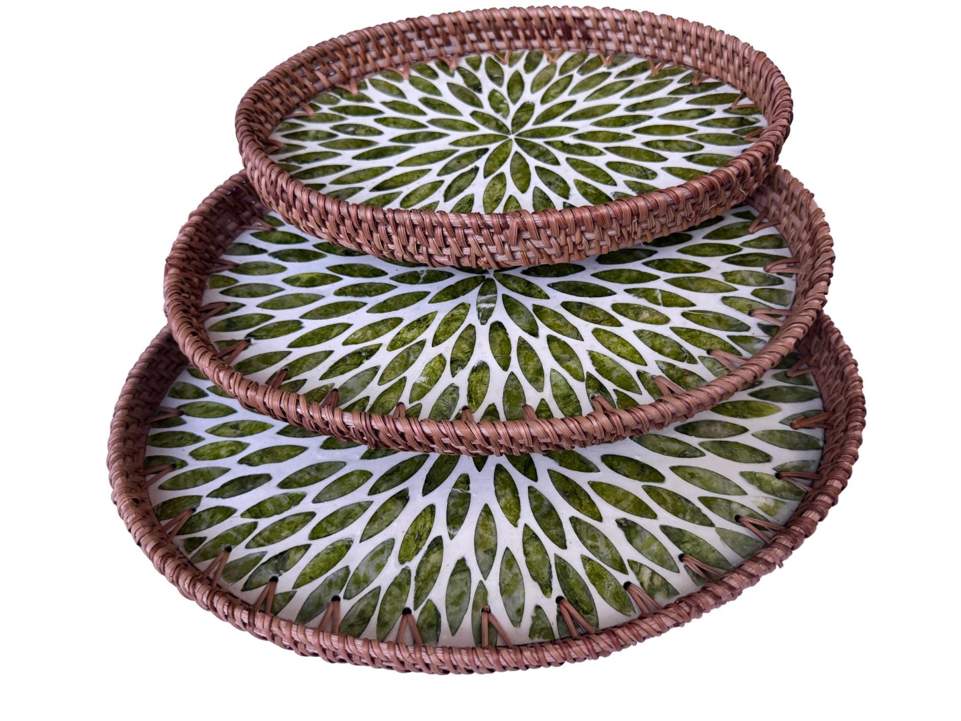 Oval Rattan Tray with Mother of Pearl Inlay - Boho Coffee Table Ottoman, Handmade Vietnam 117
