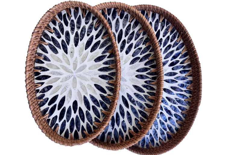 Oval Rattan Tray with Mother of Pearl Inlay - Boho Coffee Table Ottoman Styling Serving 112