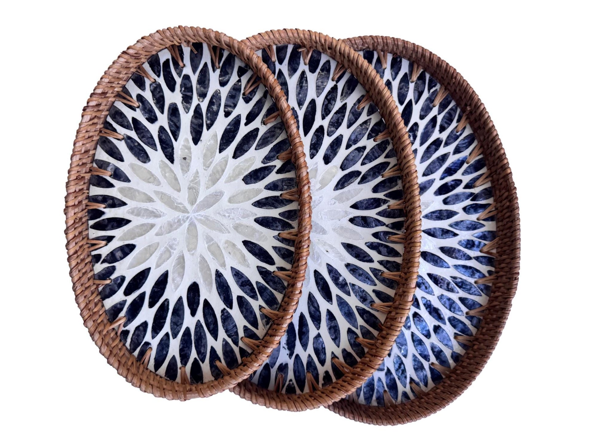 Oval Rattan Tray with Mother of Pearl Inlay - Boho Coffee Table Ottoman Styling Serving 112