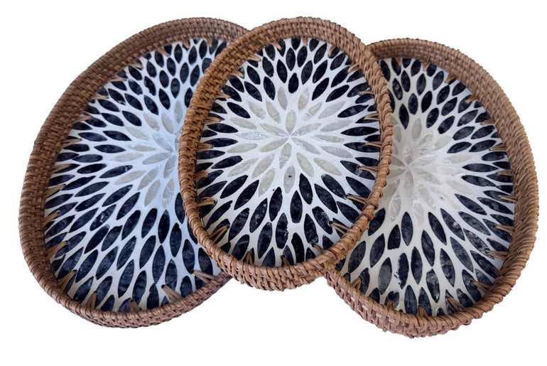Oval Rattan Tray with Mother of Pearl Inlay - Boho Coffee Table Ottoman Styling Serving 112
