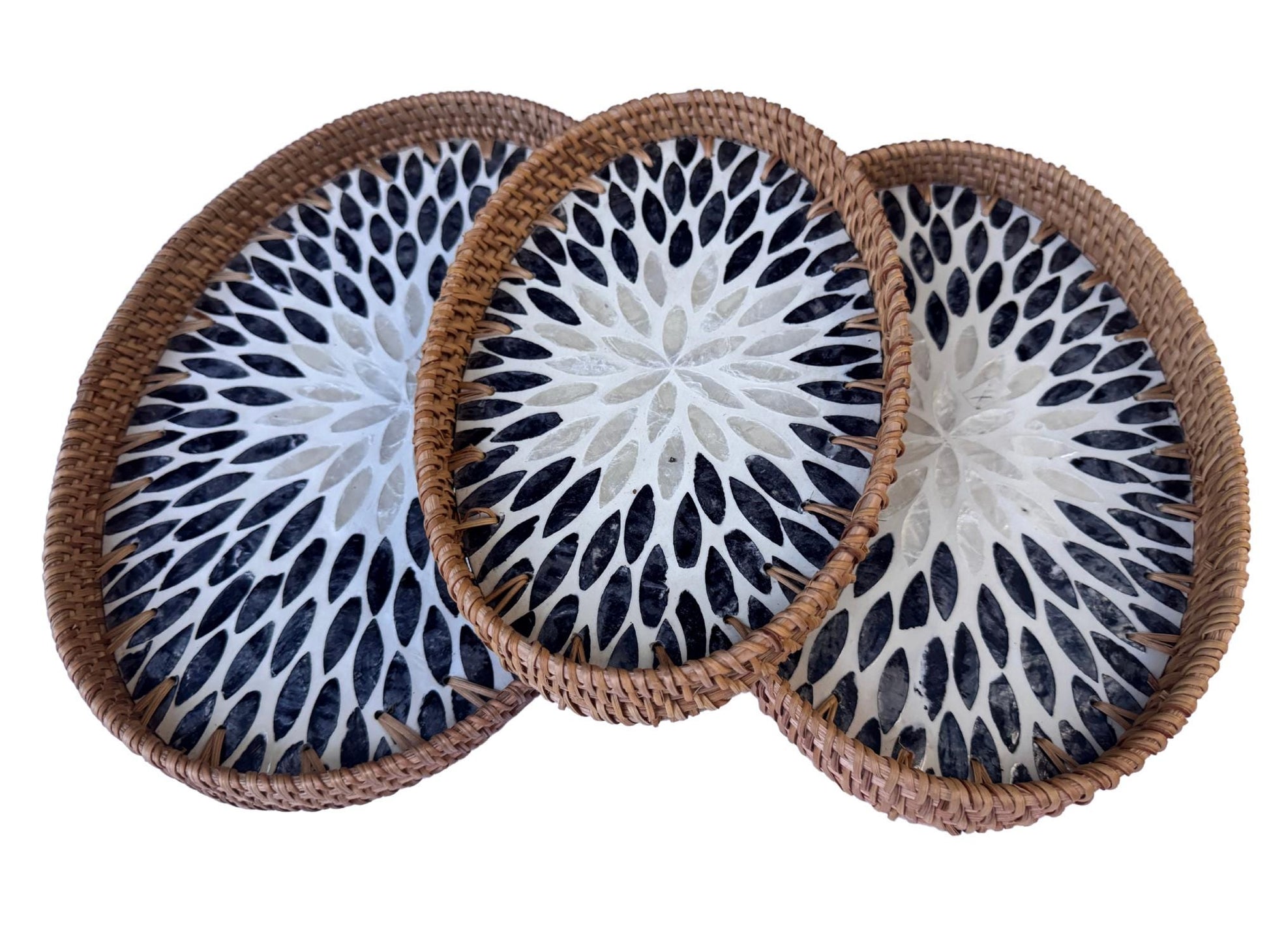 Oval Rattan Tray with Mother of Pearl Inlay - Boho Coffee Table Ottoman Styling Serving 112