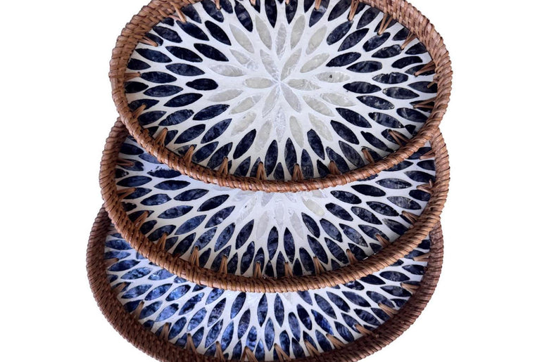 Oval Rattan Tray with Mother of Pearl Inlay - Boho Coffee Table Ottoman Styling Serving 112