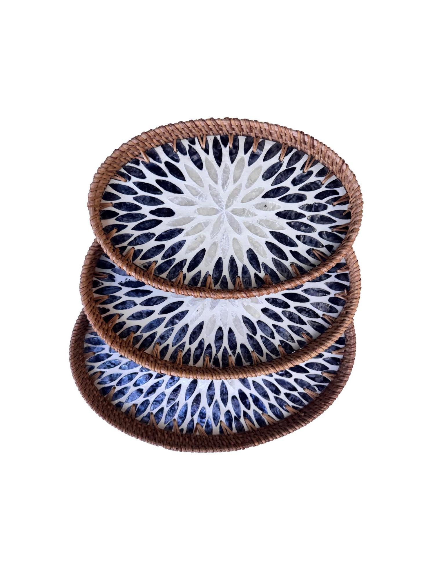 Oval Rattan Tray with Mother of Pearl Inlay - Boho Coffee Table Ottoman Styling Serving 112