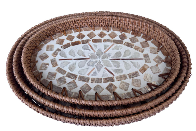 Oval Rattan Tray with Mother of Pearl Inlay - Coffee Table Ottoman Styling (Handmade Vietnam) 113