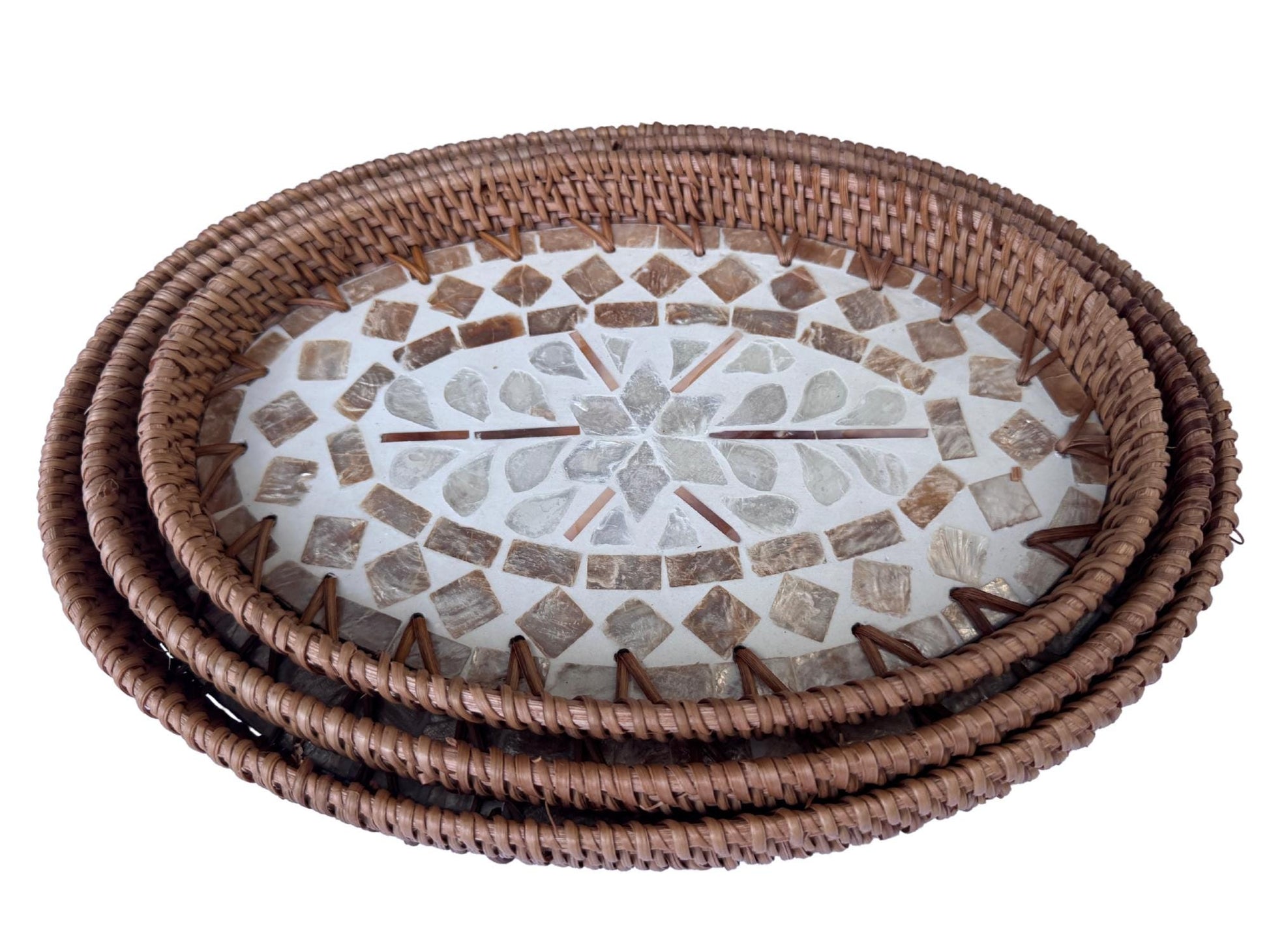 Oval Rattan Tray with Mother of Pearl Inlay - Coffee Table Ottoman Styling (Handmade Vietnam) 113