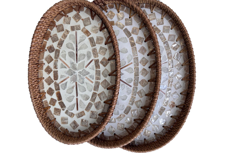 Oval Rattan Tray with Mother of Pearl Inlay - Coffee Table Ottoman Styling (Handmade Vietnam) 113