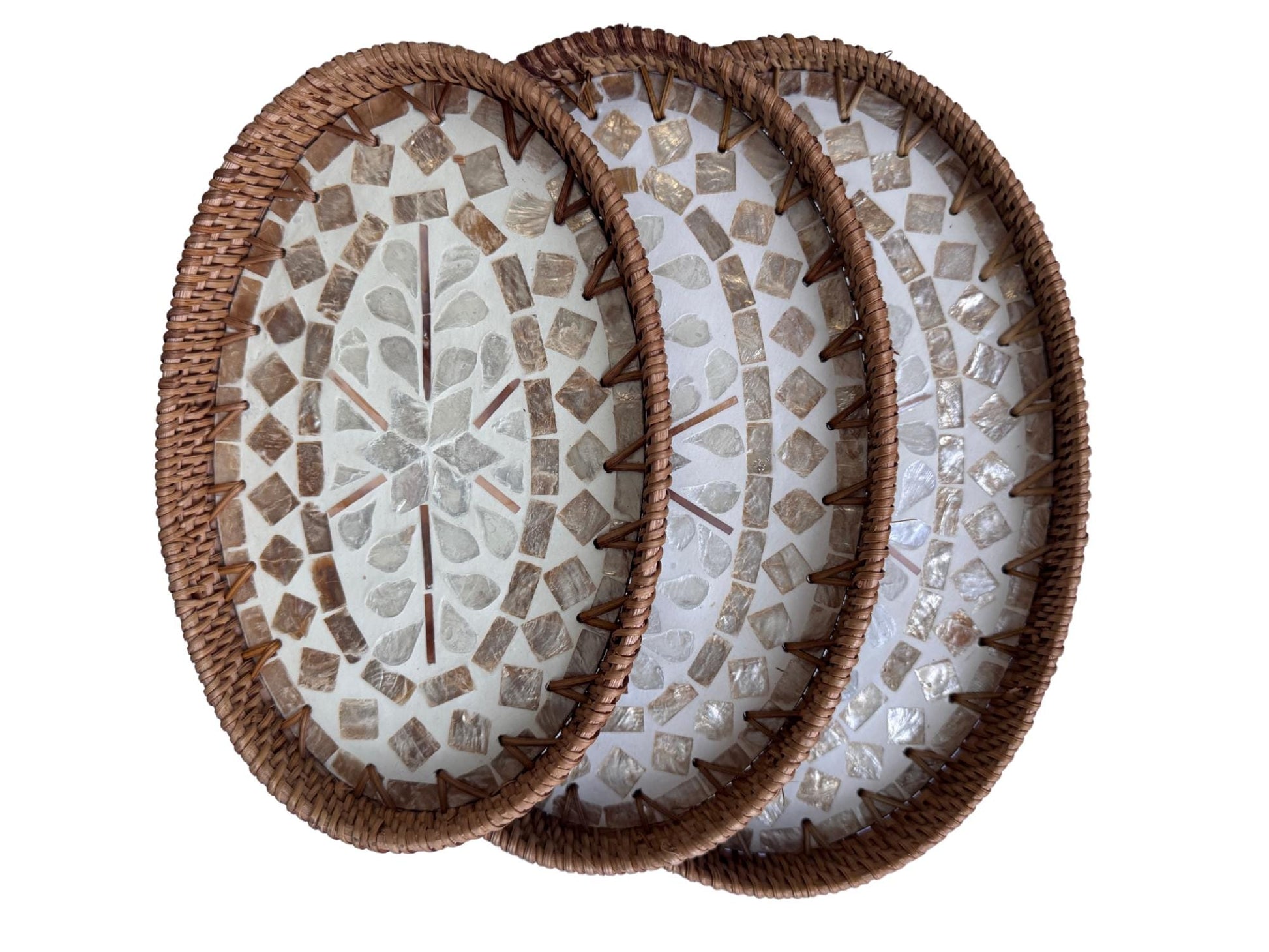 Oval Rattan Tray with Mother of Pearl Inlay - Coffee Table Ottoman Styling (Handmade Vietnam) 113