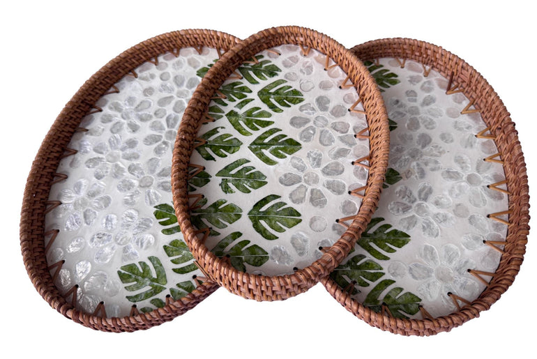 Oval Rattan Tray with Mother of Pearl Inlay - Boho Coffee Table Ottoman Decor 132