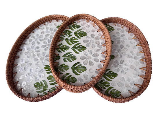 Oval Rattan Tray with Mother of Pearl Inlay - Boho Coffee Table Ottoman Decor 132