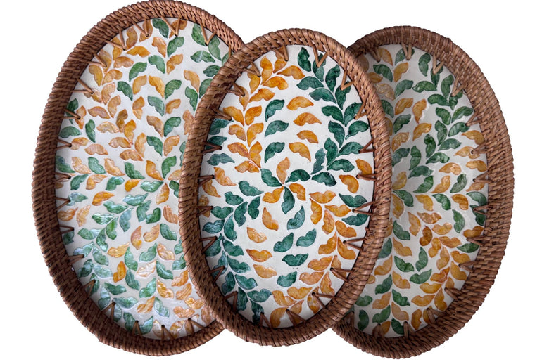 Oval Rattan Tray with Mother of Pearl Inlay - Boho Coffee Table Ottoman, Handmade Vietnam 131