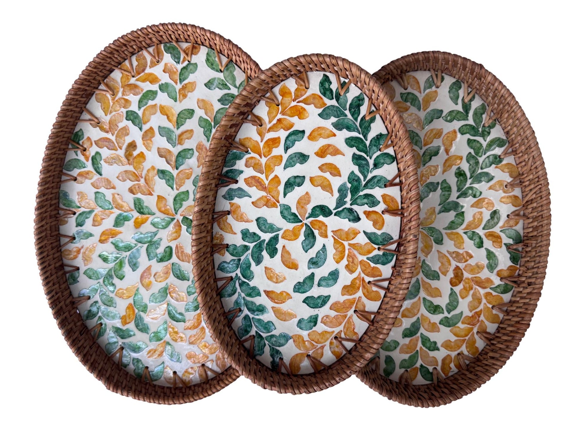 Oval Rattan Tray with Mother of Pearl Inlay - Boho Coffee Table Ottoman, Handmade Vietnam 131