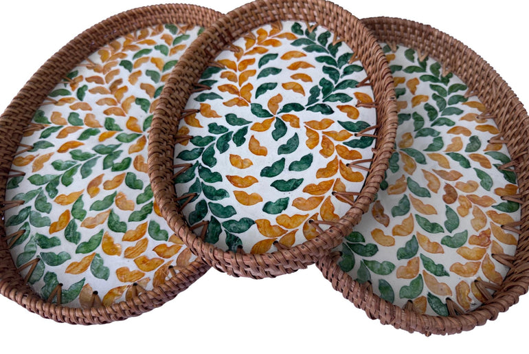 Oval Rattan Tray with Mother of Pearl Inlay - Boho Coffee Table Ottoman, Handmade Vietnam 131