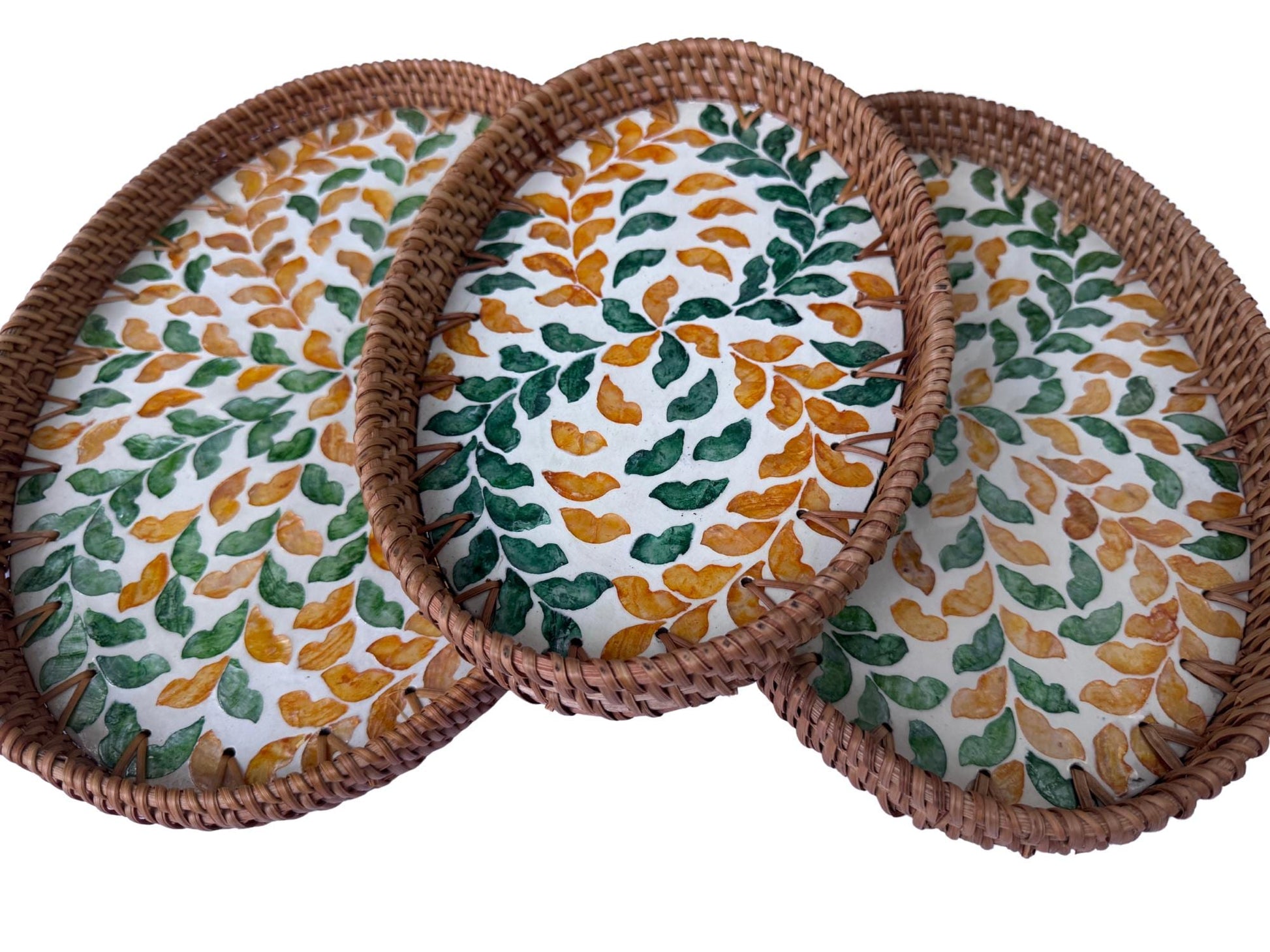 Oval Rattan Tray with Mother of Pearl Inlay - Boho Coffee Table Ottoman, Handmade Vietnam 131