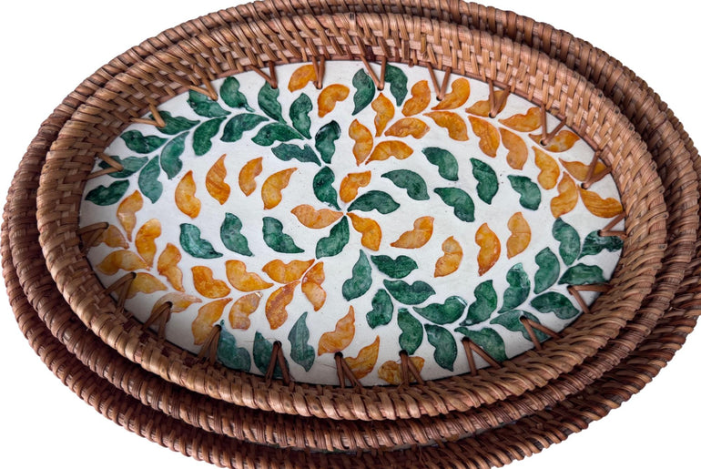 Oval Rattan Tray with Mother of Pearl Inlay - Boho Coffee Table Ottoman, Handmade Vietnam 131