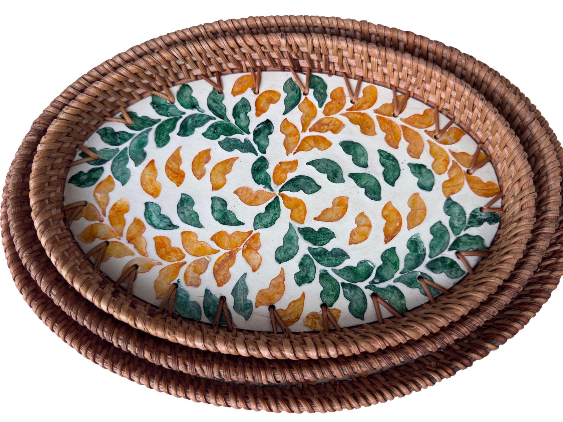 Oval Rattan Tray with Mother of Pearl Inlay - Boho Coffee Table Ottoman, Handmade Vietnam 131
