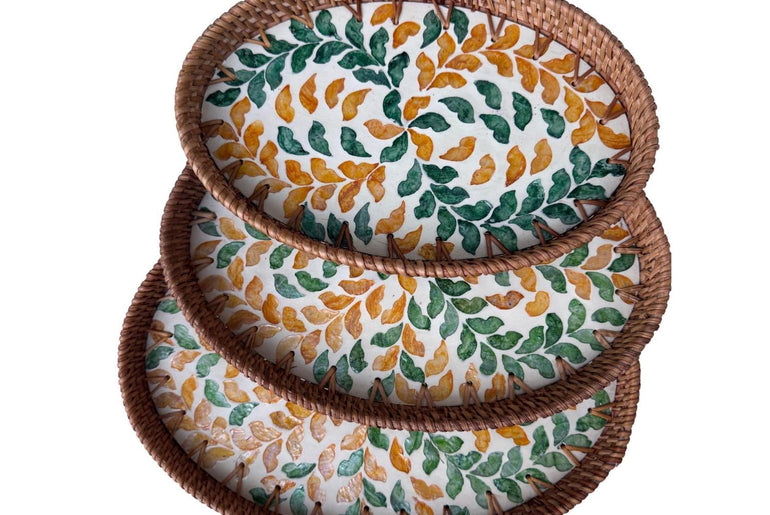 Oval Rattan Tray with Mother of Pearl Inlay - Boho Coffee Table Ottoman, Handmade Vietnam 131