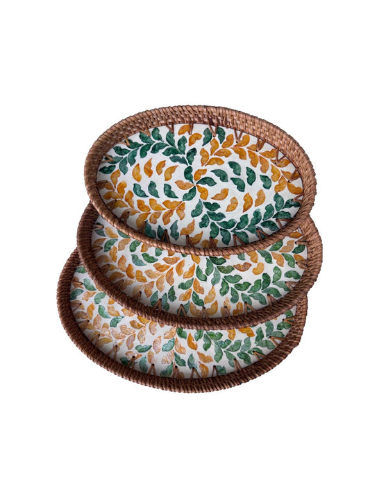 Oval Rattan Tray with Mother of Pearl Inlay - Boho Coffee Table Ottoman, Handmade Vietnam 131