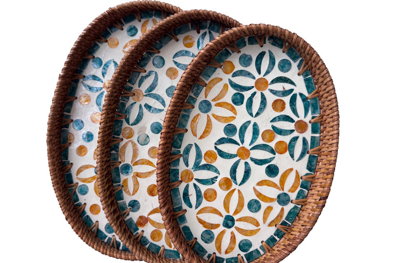 Oval Rattan Tray with Mother of Pearl Inlay - Boho Coffee Table Ottoman Styling Serving 136