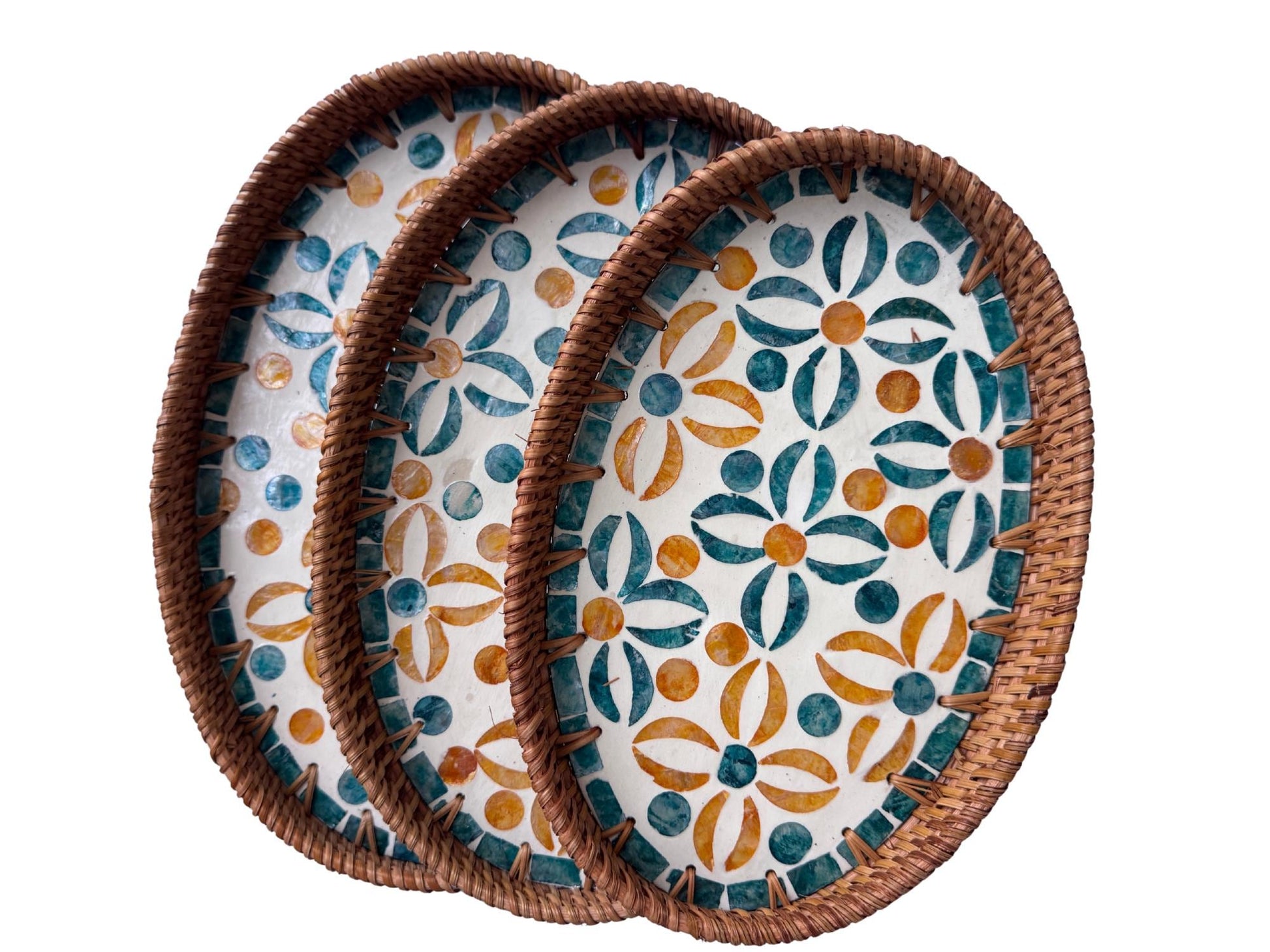 Oval Rattan Tray with Mother of Pearl Inlay - Boho Coffee Table Ottoman Styling Serving 136