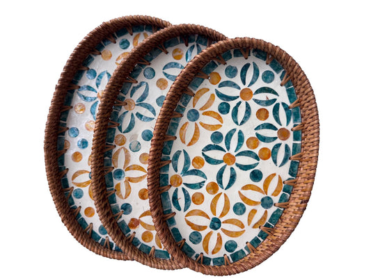 Oval Rattan Tray with Mother of Pearl Inlay - Boho Coffee Table Ottoman Styling Serving 136