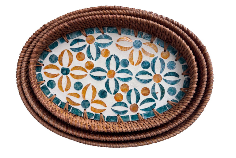 Oval Rattan Tray with Mother of Pearl Inlay - Boho Coffee Table Ottoman Styling Serving 136