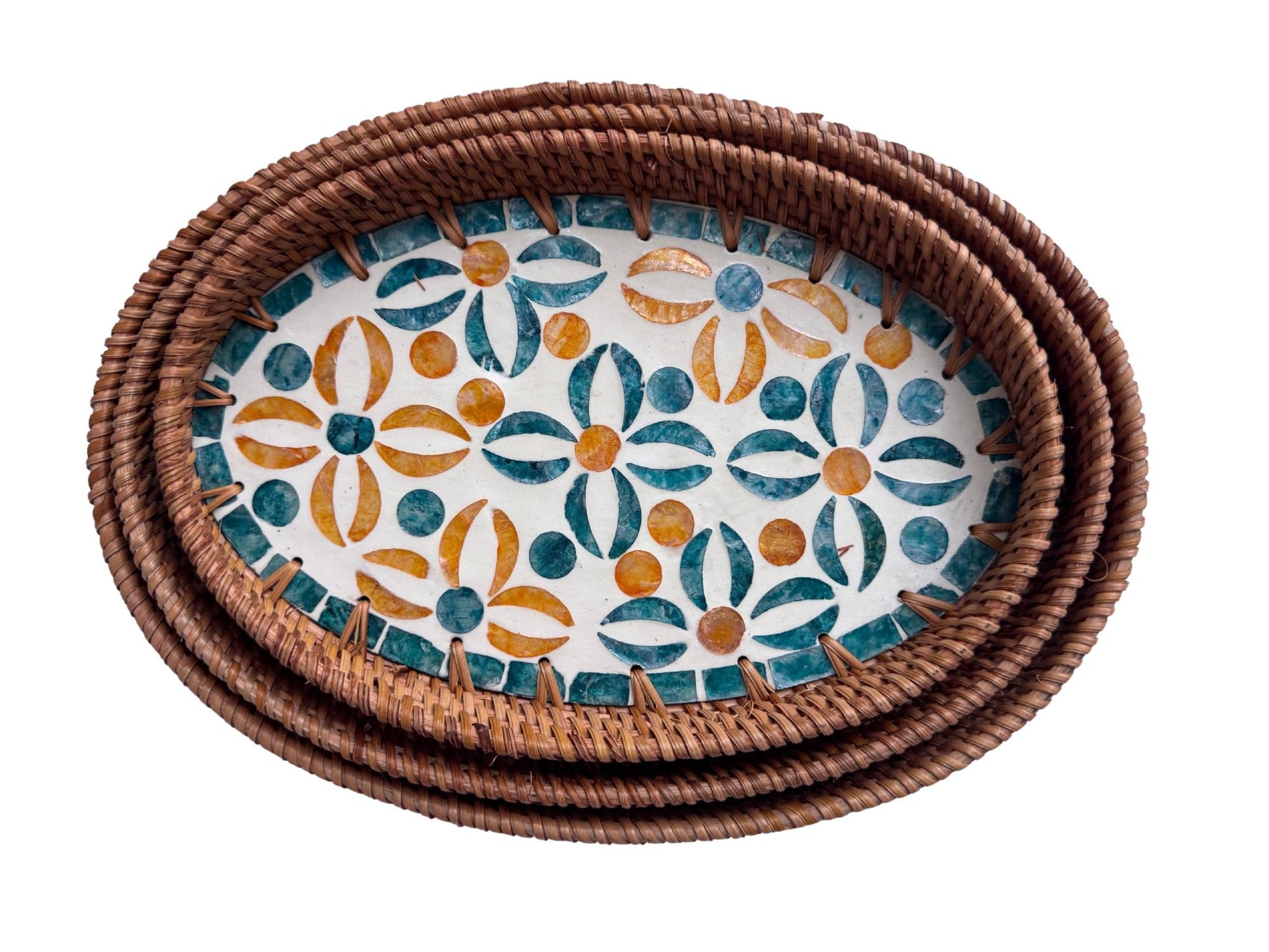 Oval Rattan Tray with Mother of Pearl Inlay - Boho Coffee Table Ottoman Styling Serving 136