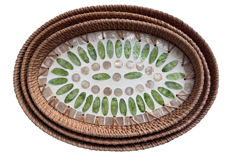 Oval Rattan Tray with Mother of Pearl Inlay - Boho Coffee Table Ottoman Styling Serving 135