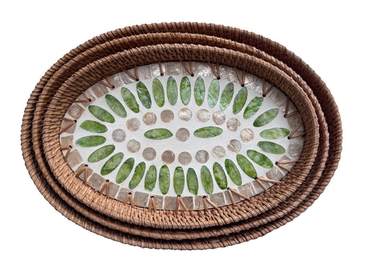 Oval Rattan Tray with Mother of Pearl Inlay - Boho Coffee Table Ottoman Styling Serving 135