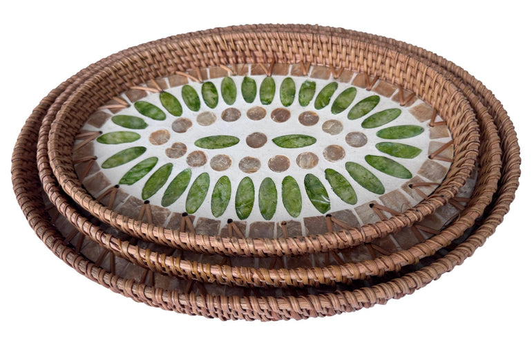 Oval Rattan Tray with Mother of Pearl Inlay - Boho Coffee Table Ottoman Styling Serving 135