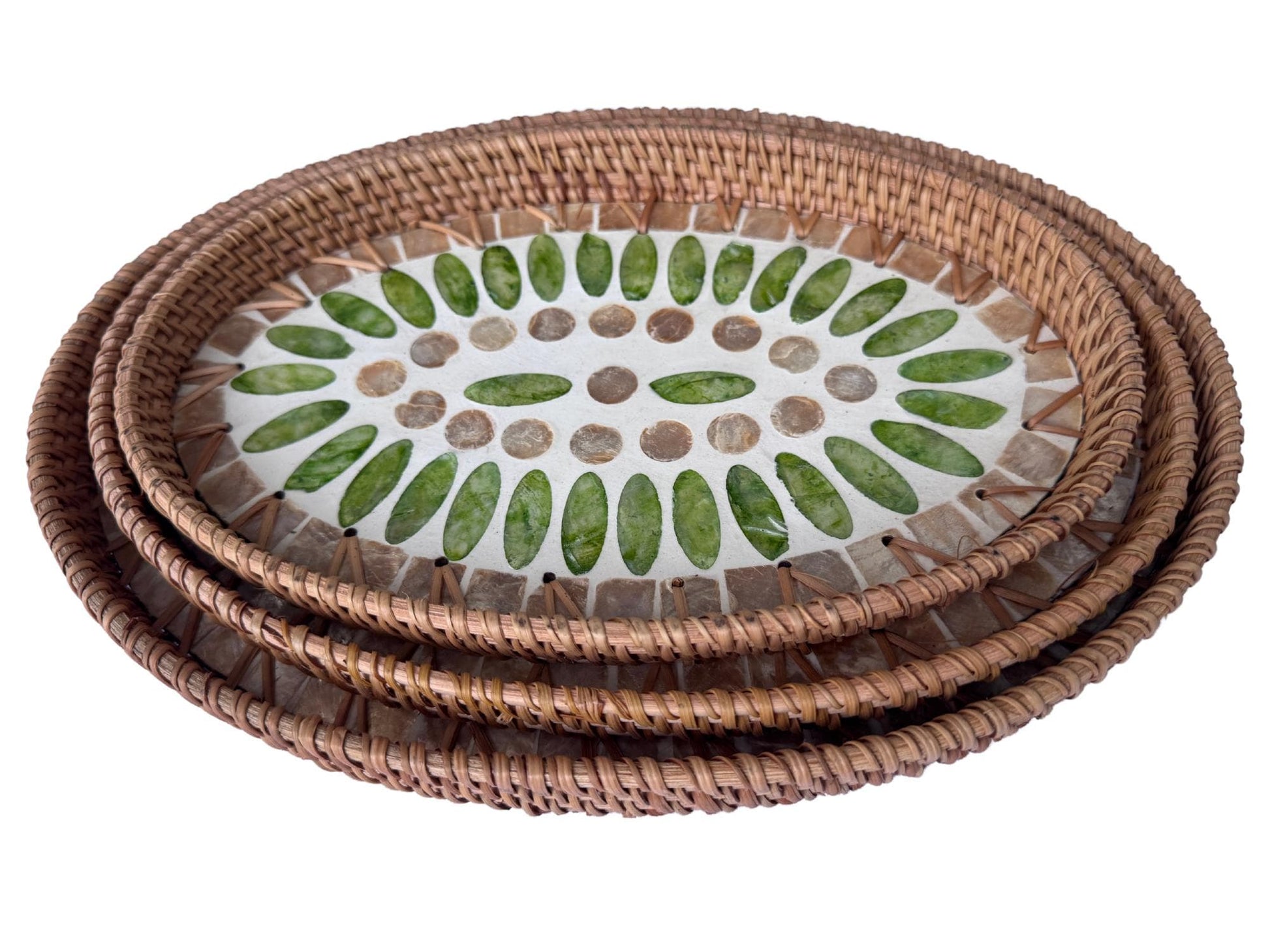 Oval Rattan Tray with Mother of Pearl Inlay - Boho Coffee Table Ottoman Styling Serving 135