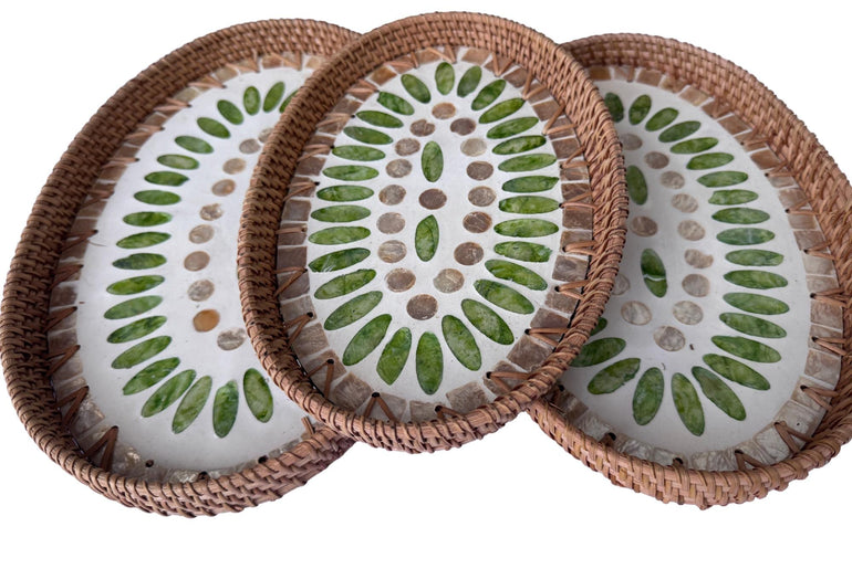 Oval Rattan Tray with Mother of Pearl Inlay - Boho Coffee Table Ottoman Styling Serving 135