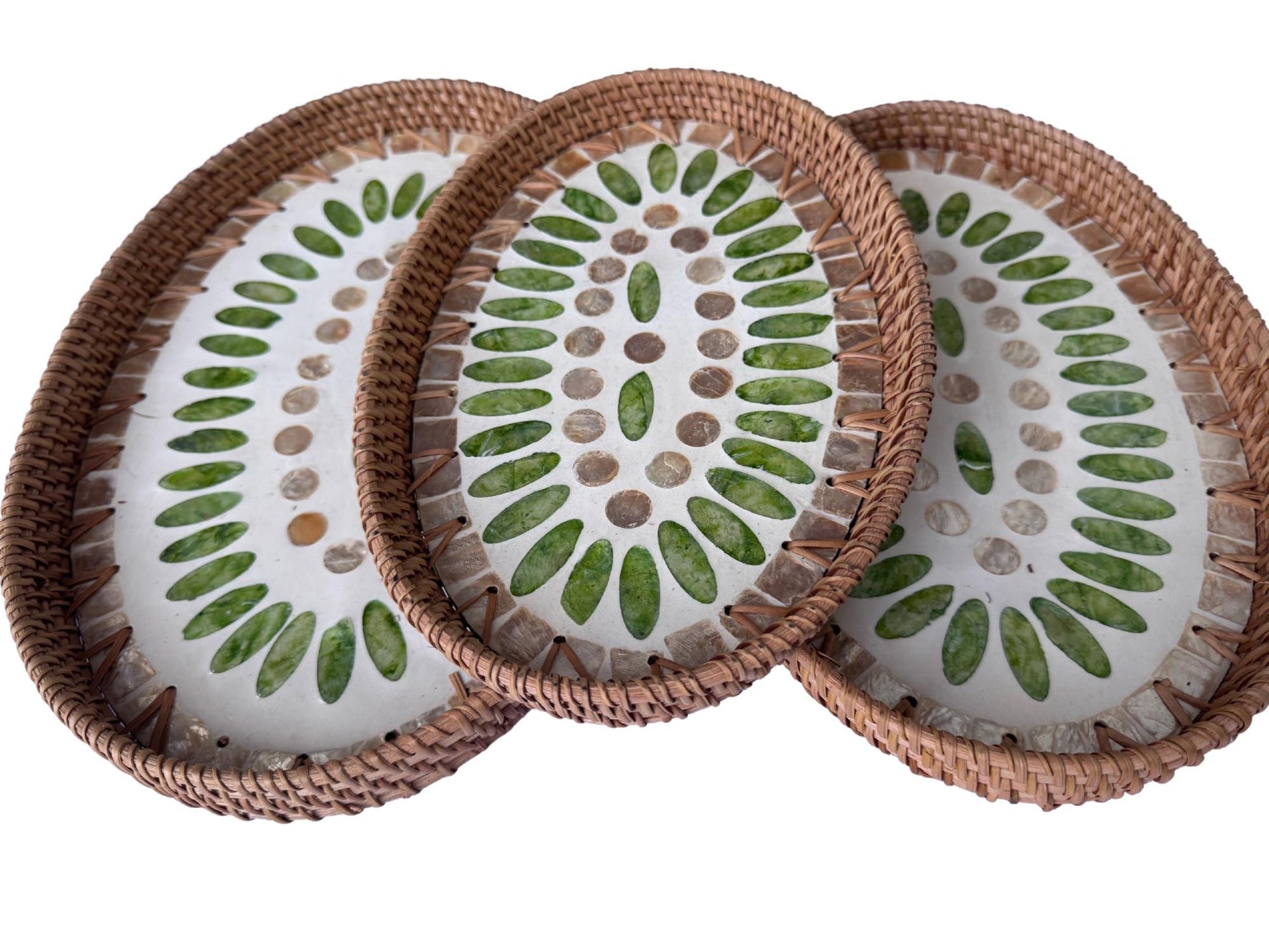 Oval Rattan Tray with Mother of Pearl Inlay - Boho Coffee Table Ottoman Styling Serving 135