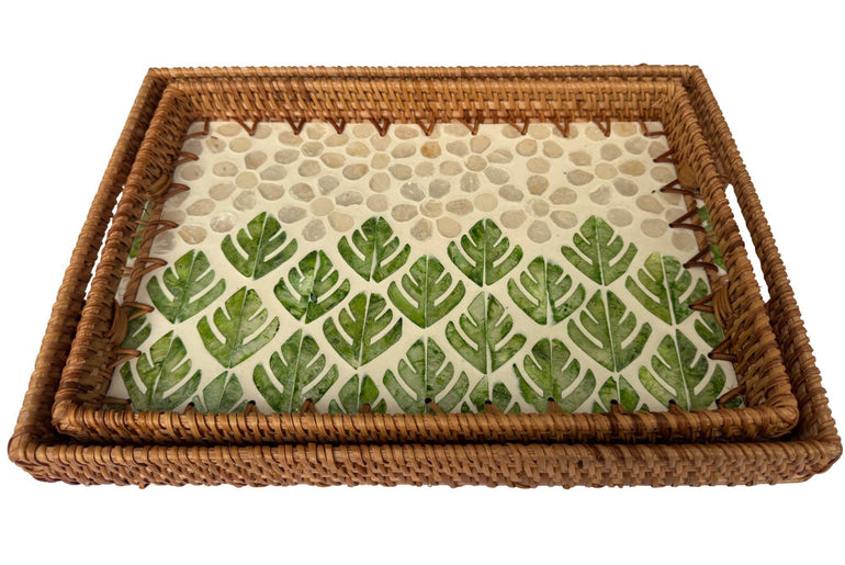 Rectangular Rattan Tray with Mother of Pearl Inlay - Handwoven Serving Tray, Vietnam Home Decor 61