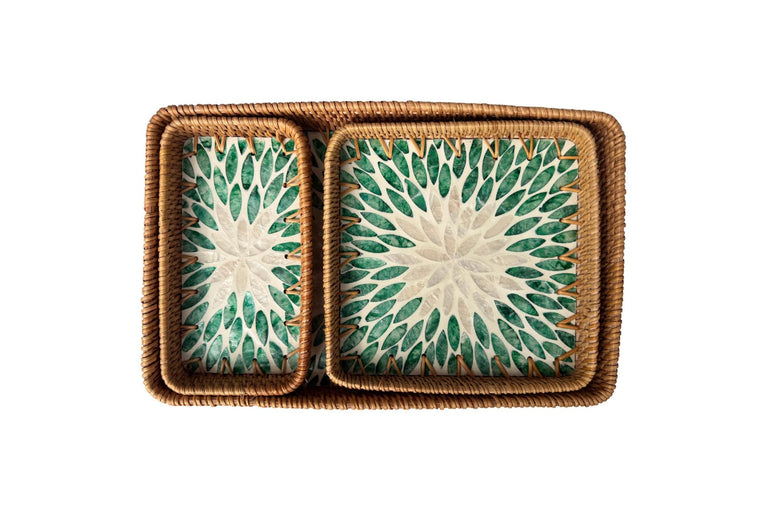 Rattan Tray with Mother of Pearl Inlay Base, Handmade Woven Serving Tray, Boho Coastal Coffee Table Decor, Made in Vietnam 82