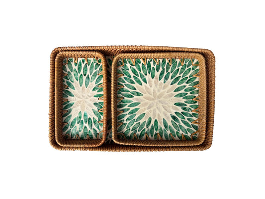 Rattan Tray with Mother of Pearl Inlay Base, Handmade Woven Serving Tray, Boho Coastal Coffee Table Decor, Made in Vietnam 82