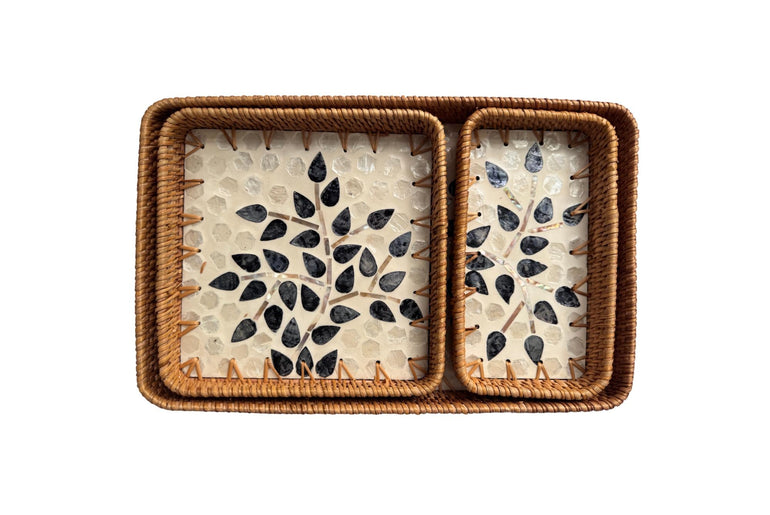 Rattan Tray with Mother of Pearl Inlay Base, Handmade Woven Serving Tray, Boho Coastal Coffee Table Decor, Made in Vietnam 80